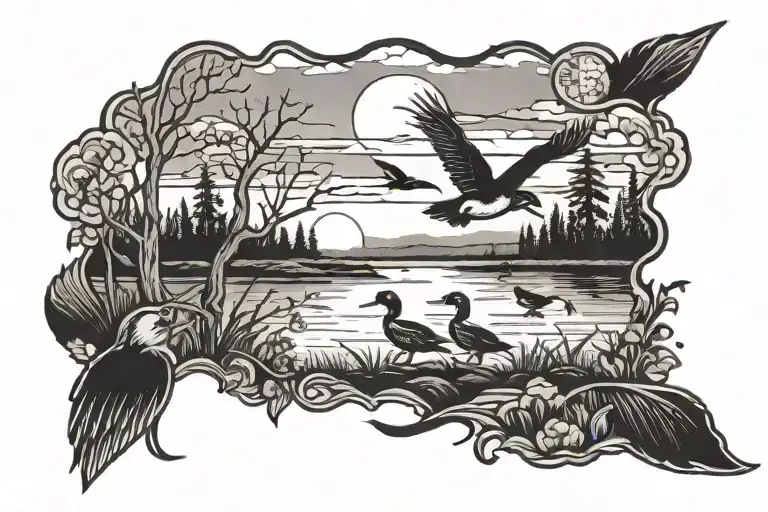 Duck Hunting And Sunset Scene