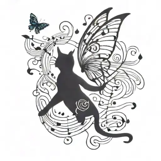 A Whimsical Design Combining A Dancing Cat With Musical Notes And Butterfly Wings