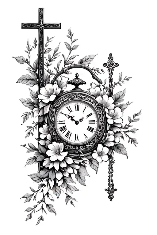 A Clock With Flower Vines Around It And A Cross