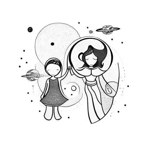A Mother And Daughter Holding Hands With The Universe Swirling Around Them