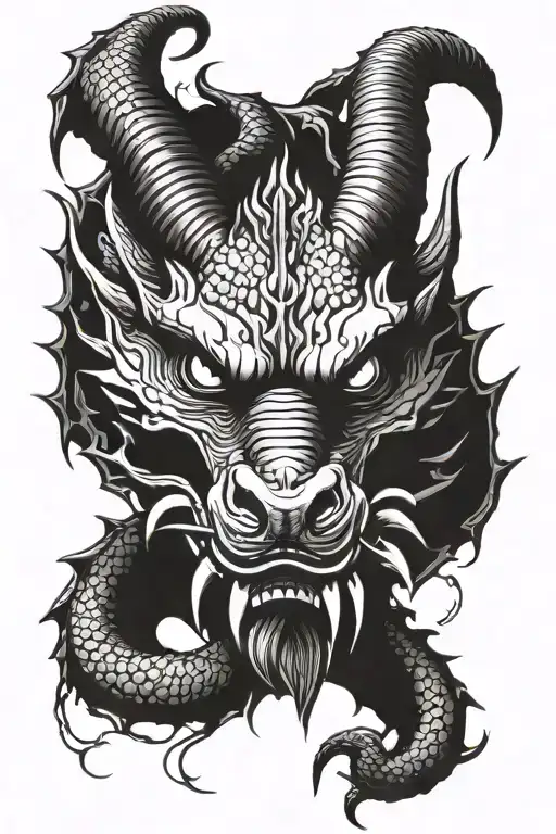 Dragon Face With Horns In Japanese Style