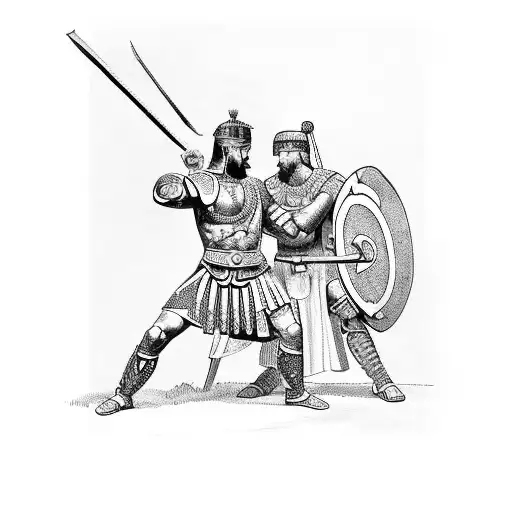 Create A Tattoo Design Featuring A Greek Warrior Battling A Roman Soldier In A Historic Scene