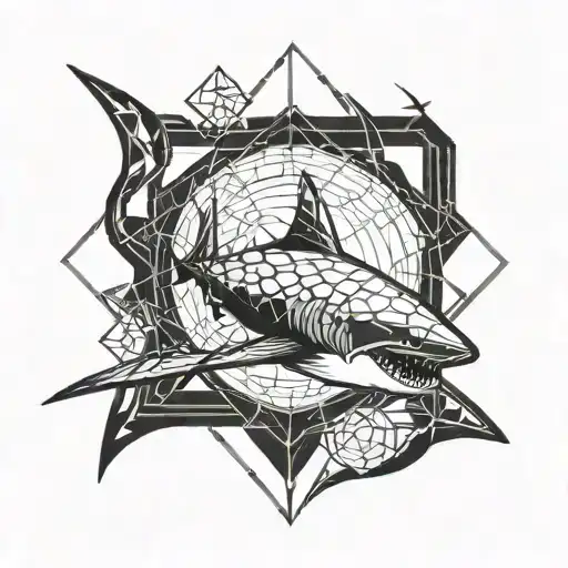 A Spider Weaving A Web Around A Shark In A Stylized Geometric Design