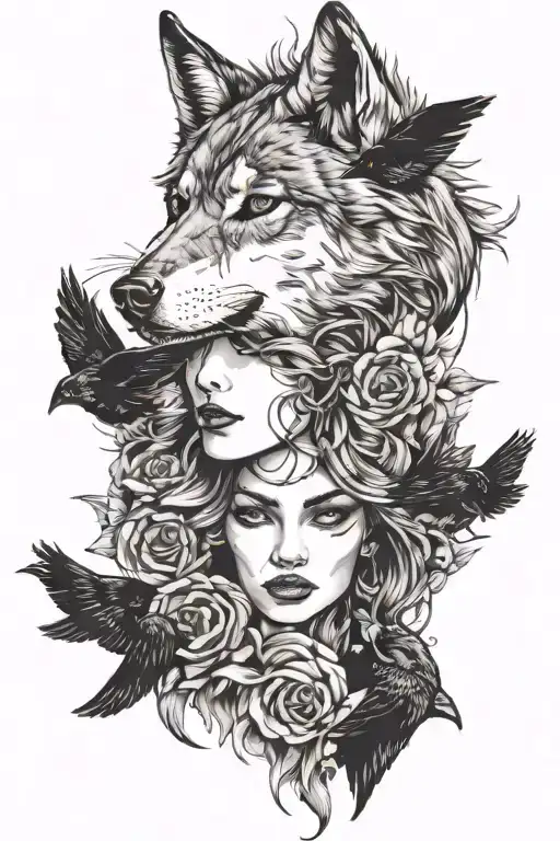 Female Face And Wolf And Crows