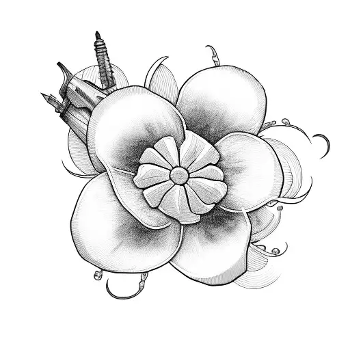 A Stylized White Platycodon Grandiflorus Flower Intertwined With A Gun Barrel