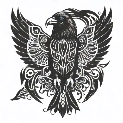 Raven From The Front With Open Wings And Tribal Symbolism In The Background