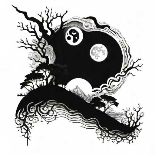 Sun And Moon Colliding Like Two Worlds With Nature Scene