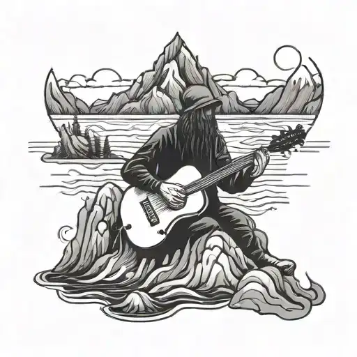 A Ghostly Figure Playing A Guitar On A Mountain Peak Surrounded By Flowing Rivers