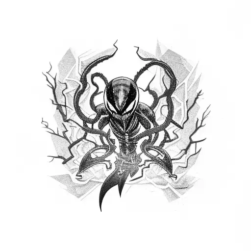 A Tattoo Of Venom Playing The Guitar With Lightning Bolts And Shattered Glass In The Background