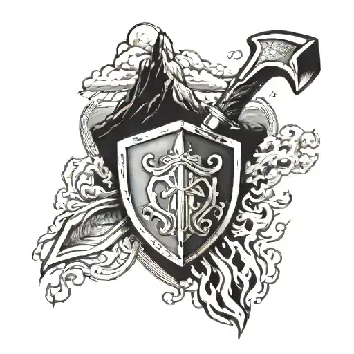 A Hammer And Shield Burning In Flames In Front Of A Mountain