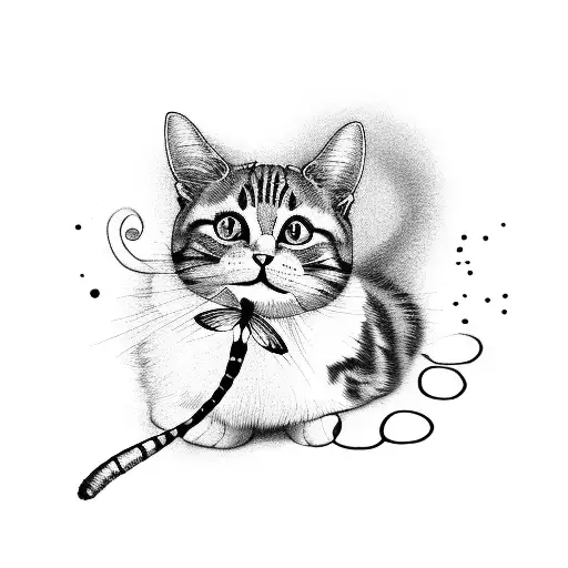 Cat Whimsically Playing With A Dragonfly