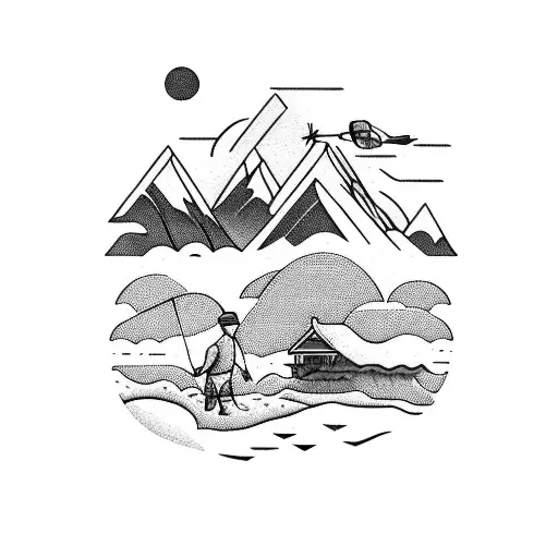 Mountain Scene With Person Fishing And Plane Flying Overhead
