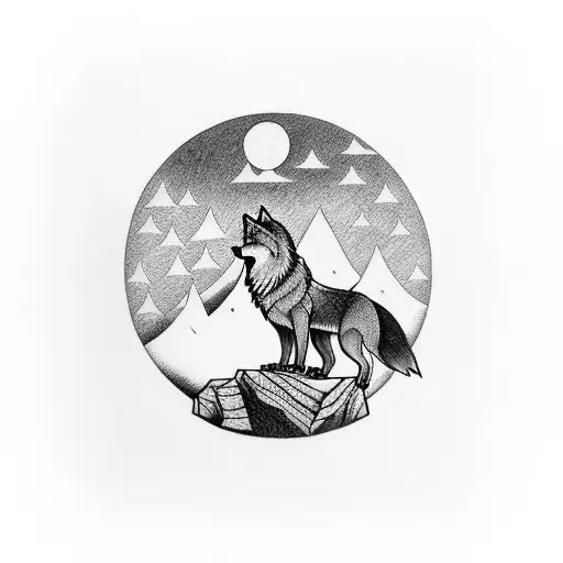 Arm Sleeve With Pine Trees And A Wolf On A Rock Howling At A Moon