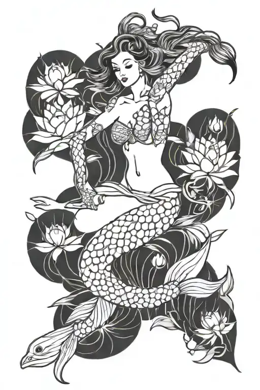 Swimming Mermaid Surrounded By Blooming Water Lilies