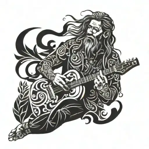 A Shaman Playing A Guitar Surrounded By Swirling Leaves