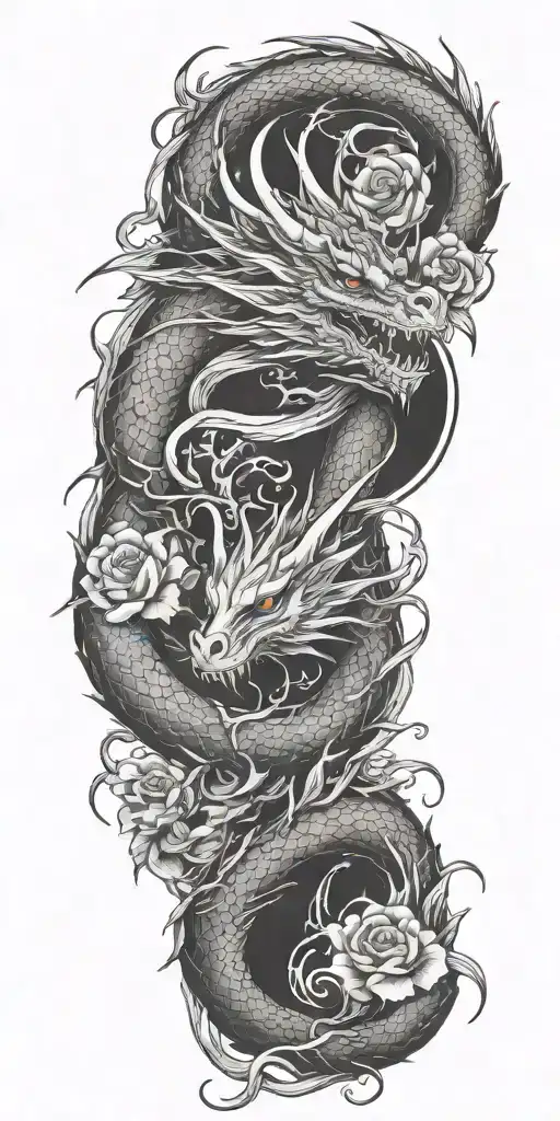 Dragon And Waves And Thorns And Flowers And Fire