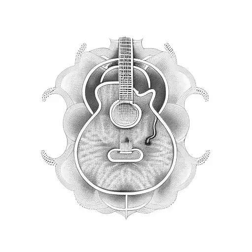 A Detailed Blackwork Tattoo Of A Guitar With Spiritual Symbols Intertwined In The Design