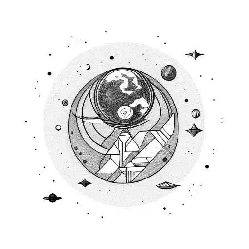 A Futuristic Space-themed Tattoo Featuring A Dinosaur Exploring A Distant Planet