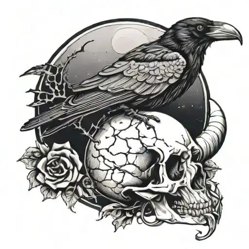 A Crow On A Skull And Moon In Background