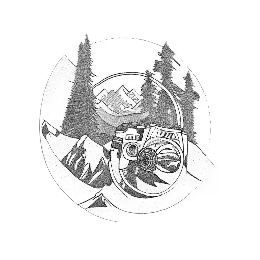 Camera Lens Surrounded By A Wreath Of Mountain Peaks And Wild Animals