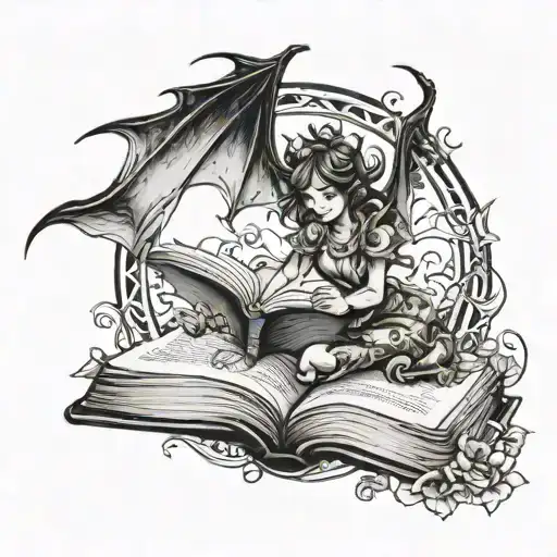Fairy Girl Silhouette Flying Out Of A Book With One Dragon Wing And One Bat Wing
