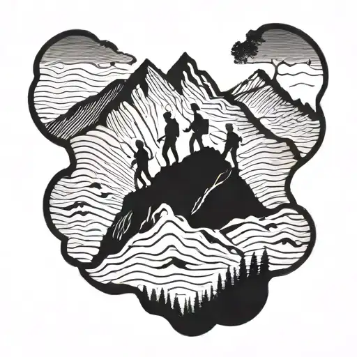 A Silhouette Of A Family Climbing A Mountain Together