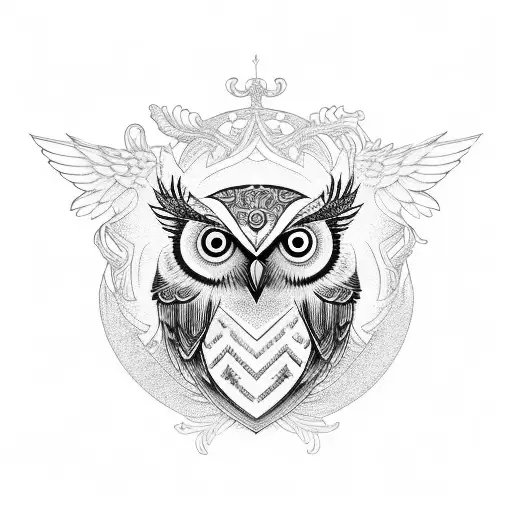 An Intricate Design Featuring A Wise Owl Perched On A Branch Surrounded By Sailor Birds