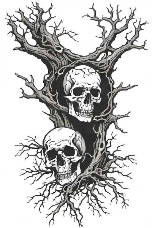 Skeleton Laying On A Tree With The Skull Stuck In The Branches