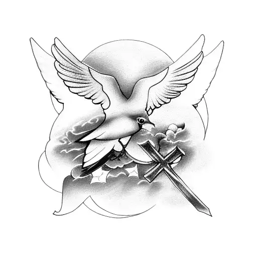 2 Doves And An Angel With Crosses And Clouds