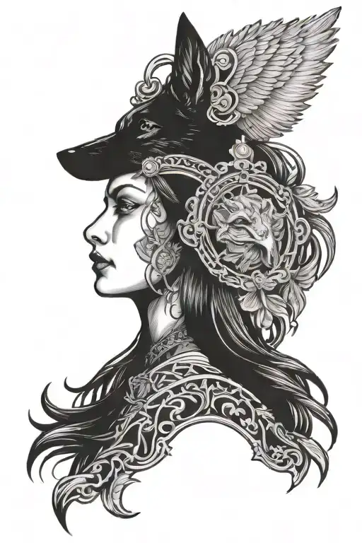 Female Face With Headpiece Above Wolf With Crow Filler