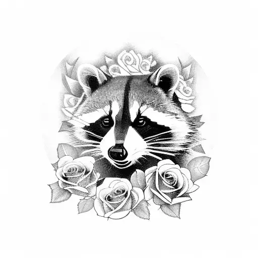 Raccoon With Roses In Black And White On Pecs