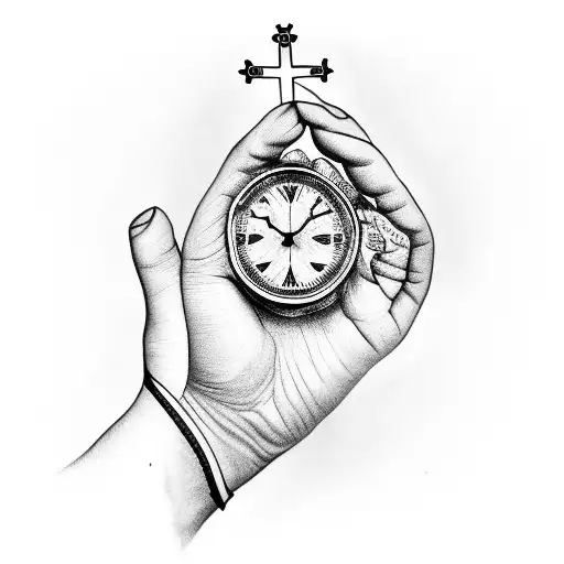 Hand With Worn Bandages With A Crucifix And A Clock