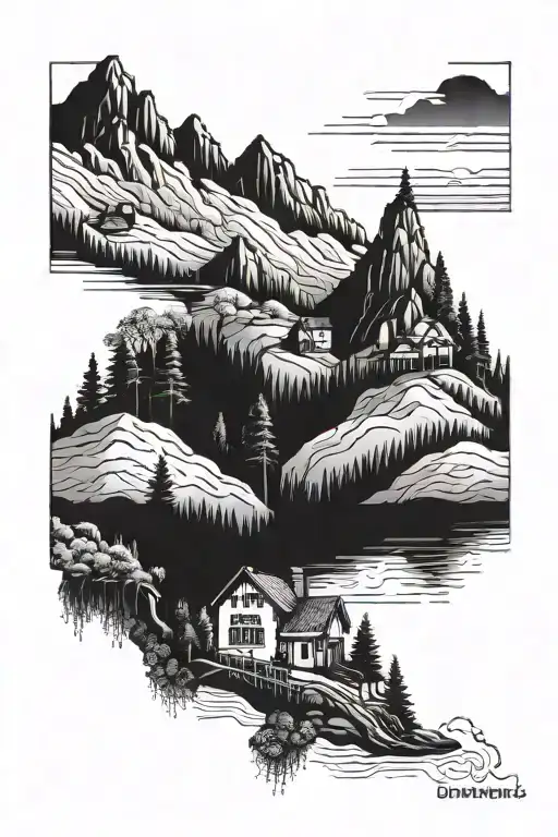 A Blackwork Tattoo Of A Serene Mountain Landscape With A Hidden Library Nestled In The Valley Below