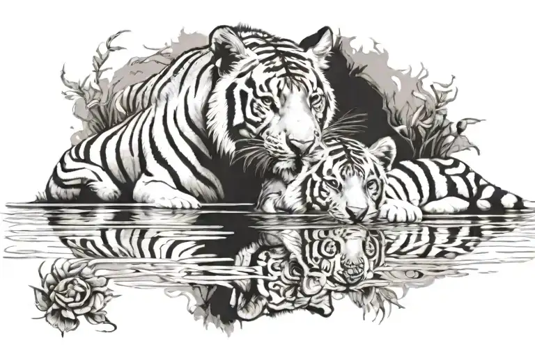 Tiger And Lion Cub Reflection In Water Darken Everything