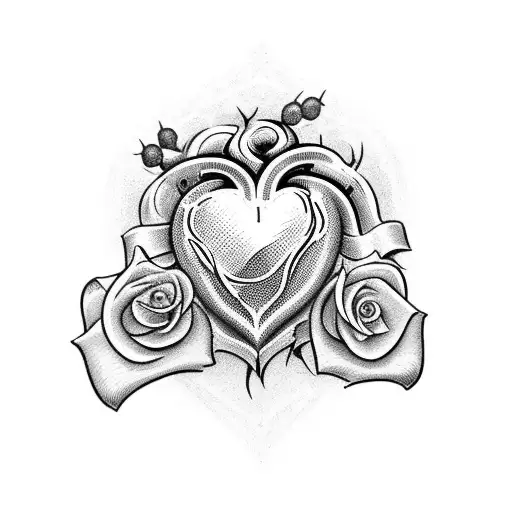 Human Heart With A Rose Complete With Thorns Pierced Like A Sword