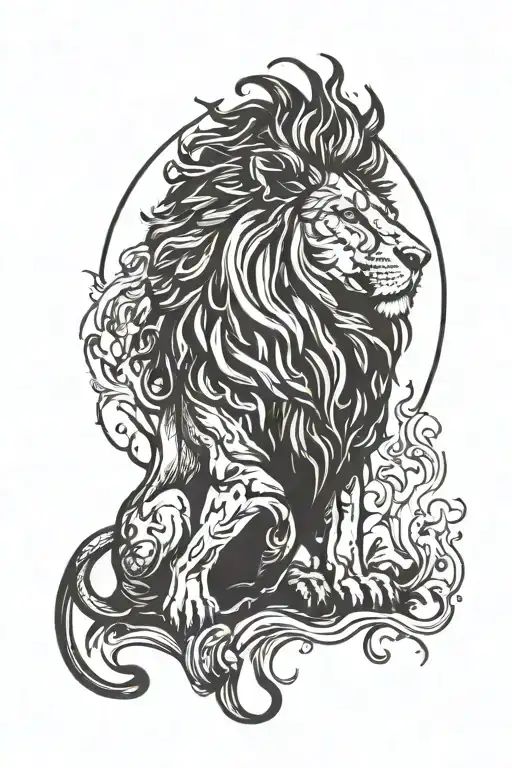 Lion Surrounded By Fire With Sun In The Background