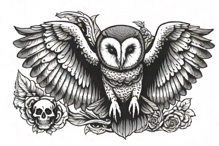 Barn Owl With Wings Spread And A Skull