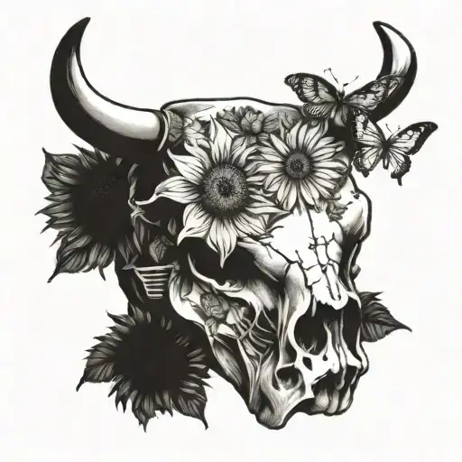 Cow Skull With Sunflowers And Butterflies Fluttering