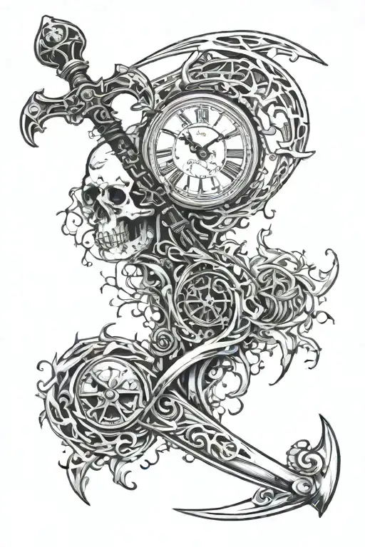 Death's Scythe With Clock And Bones