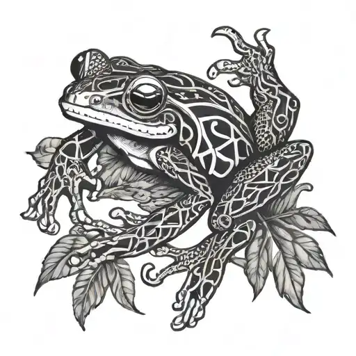A Mystical Design Featuring A Coqui Frog And Chango Intertwined In A Blackwork Style