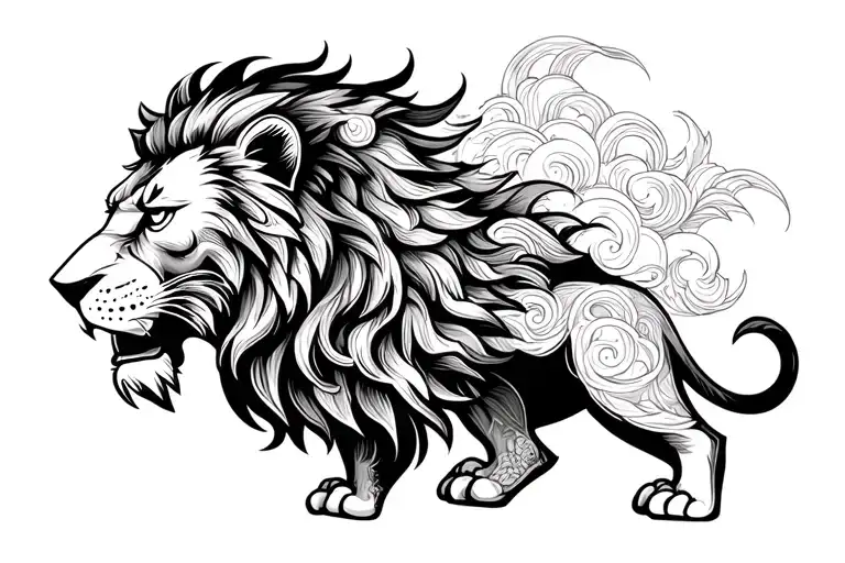 Tribal Lion With Clouds And Shading Incorporating Elements