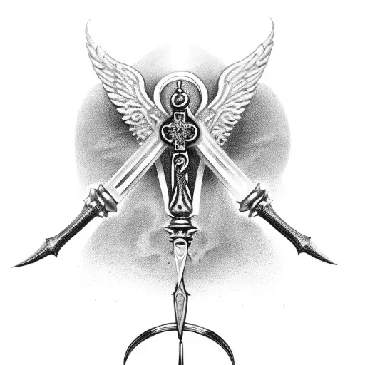 Dagger With Rosary Wrapped Loosely Around It And Some Baby Angels Around It