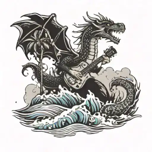 A Dragon Playing A Guitar On A Deserted Island Surrounded By Ocean Waves
