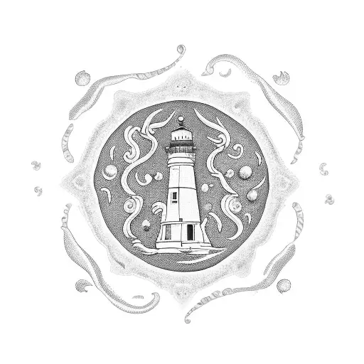 A Collection Of Various Seashells Forming A Unique Pattern Around A Lighthouse