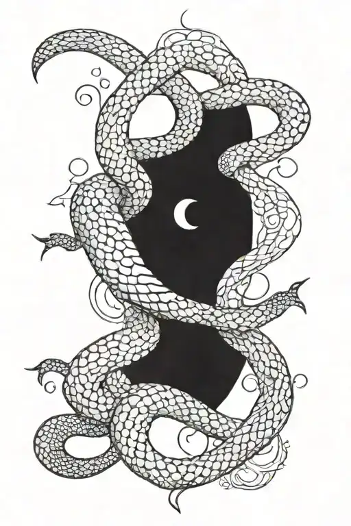 Vertical Snake Slithering Between The 7 Moon Phases Intertwined