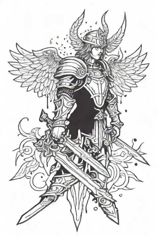 Angel In Armor With A Large Sword And Wings Made Of Rain