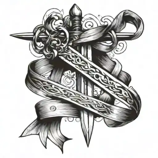 Sword With Three Ribbons Wrapped Around It With The Ribbons Going Straight Down