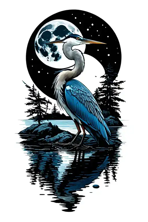 Full Moon With Coastal Landscape And A Blue Heron