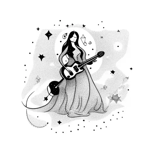 A Beautiful Woman Playing A Guitar Under A Starry Night Sky