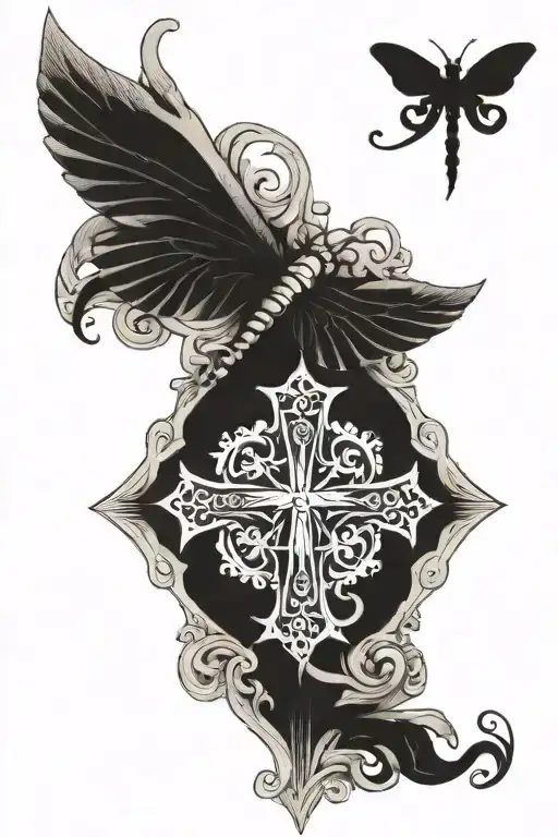 Ornate Cross With Dragonfly Flying Around It